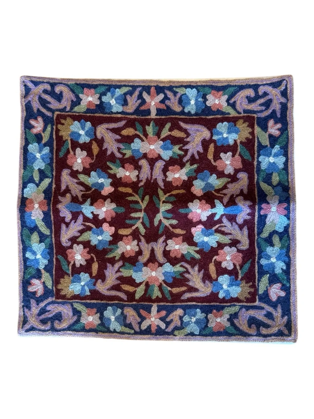 Kashmiri Wool Floral Crewel Embroidered Pillow Cover 16 X 16” NWOT